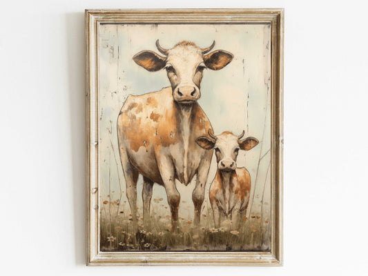 Cow Wall Art, Vintage Bull and Calf Print, Farmhouse Home Decor - WildfieldPrints