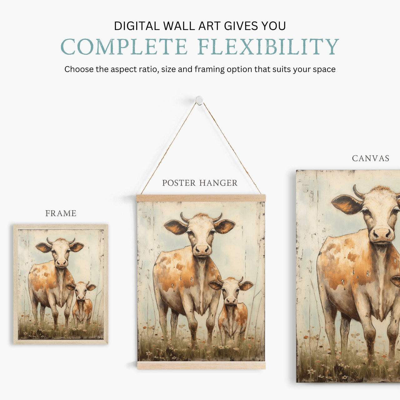 Bull and Calf Wall Art – Farm Living Room Print