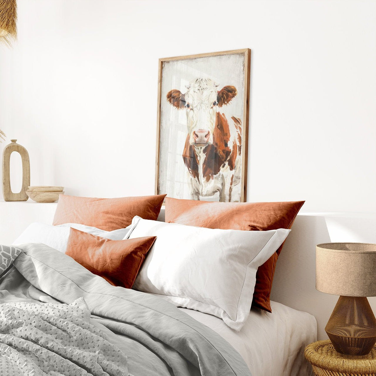 Brown and White Cow Wall Art – Farm Animal Living Room Print