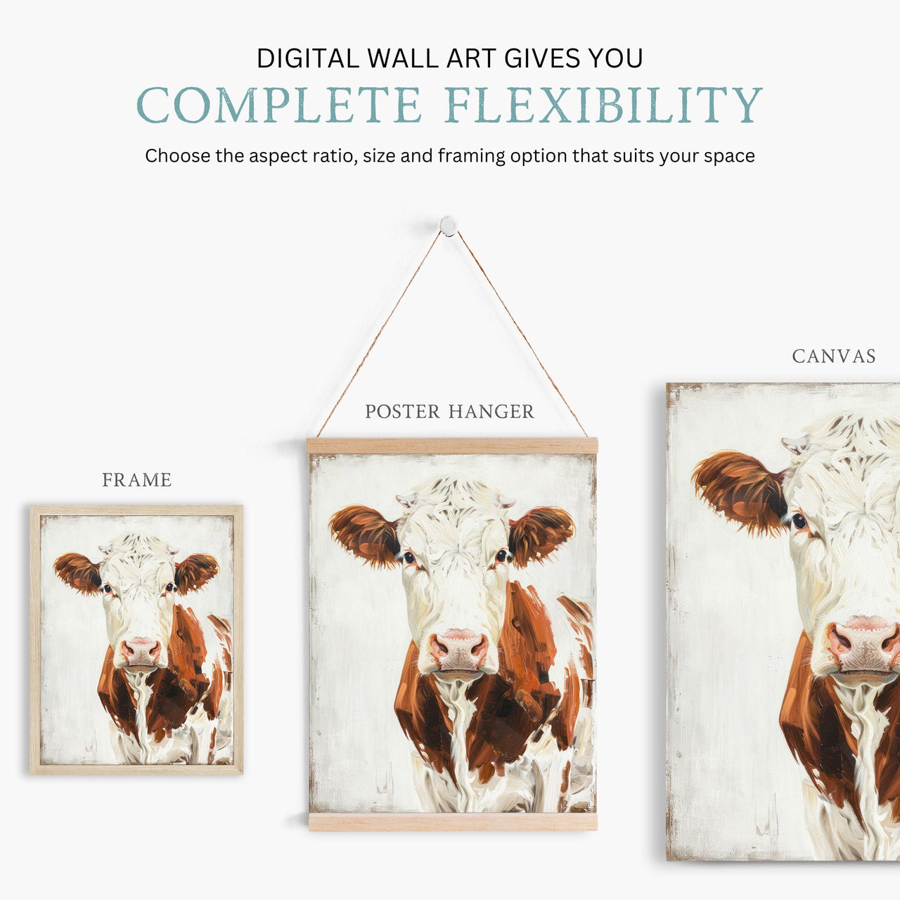 Brown and White Cow Wall Art – Farm Animal Living Room Print