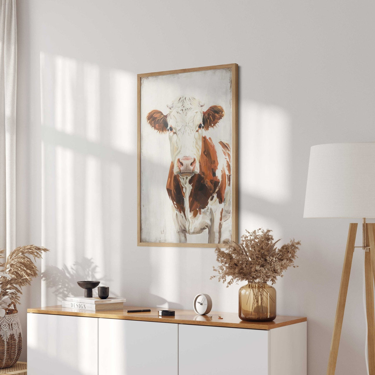 Brown and White Cow Wall Art – Farm Animal Living Room Print