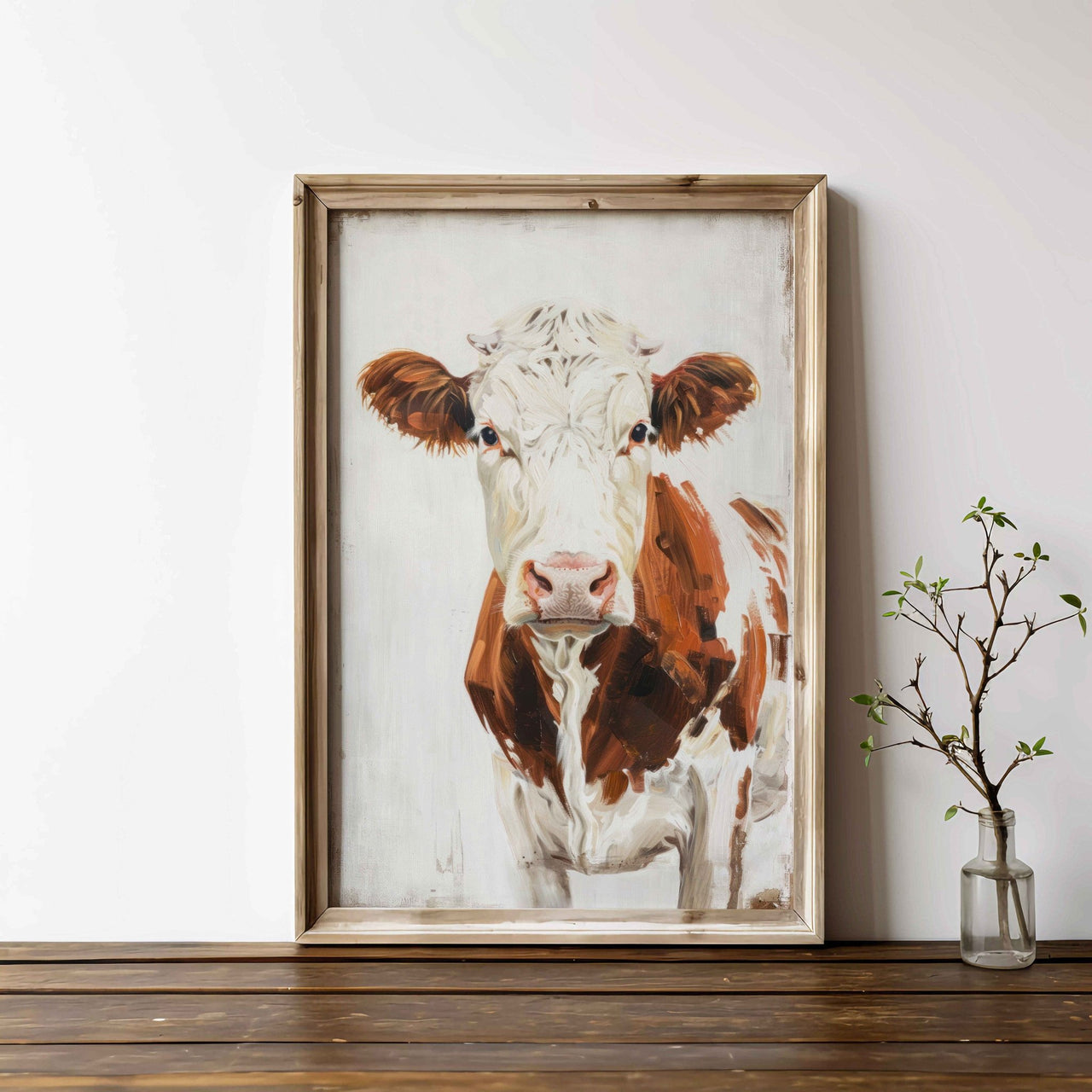 Brown and White Cow Wall Art – Farm Animal Living Room Print