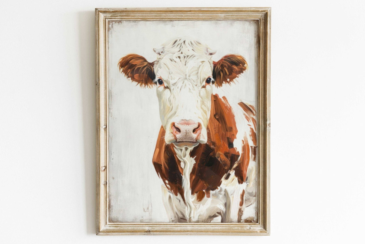 Brown and White Cow Wall Art – Farm Animal Living Room Print