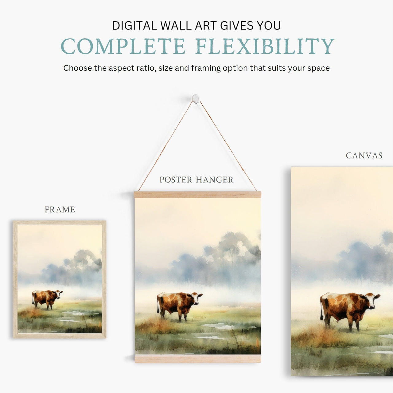 Cows Watercolor Wall Art – Animal Living Room Print • Set of 3