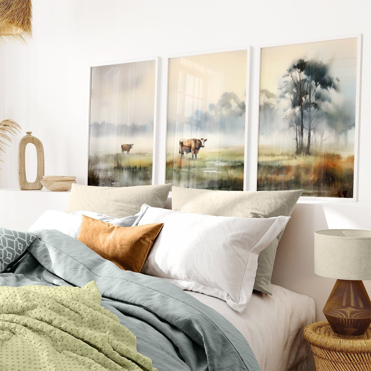 Cows Watercolor Wall Art – Animal Living Room Print • Set of 3