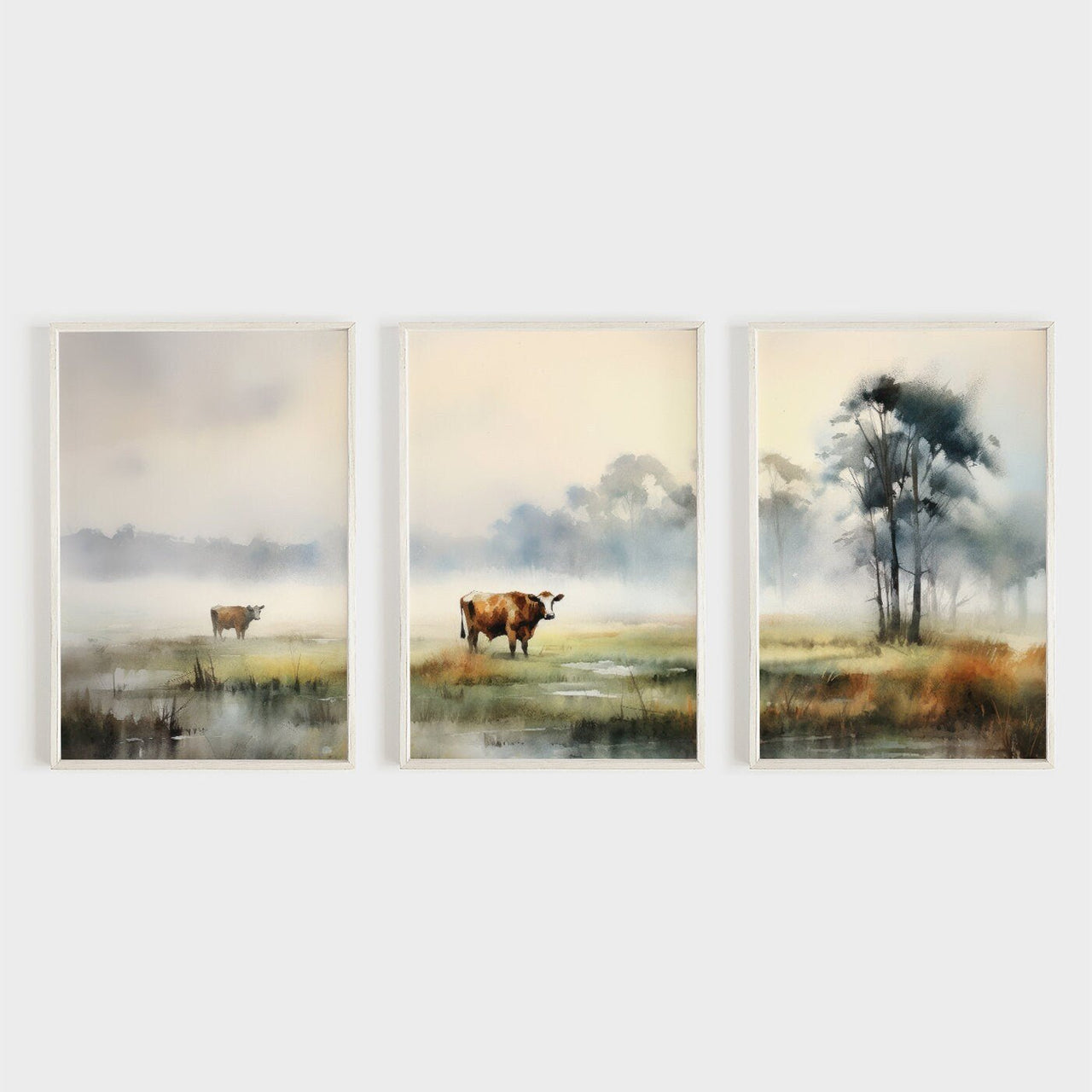 Cows Watercolor Wall Art – Animal Living Room Print • Set of 3