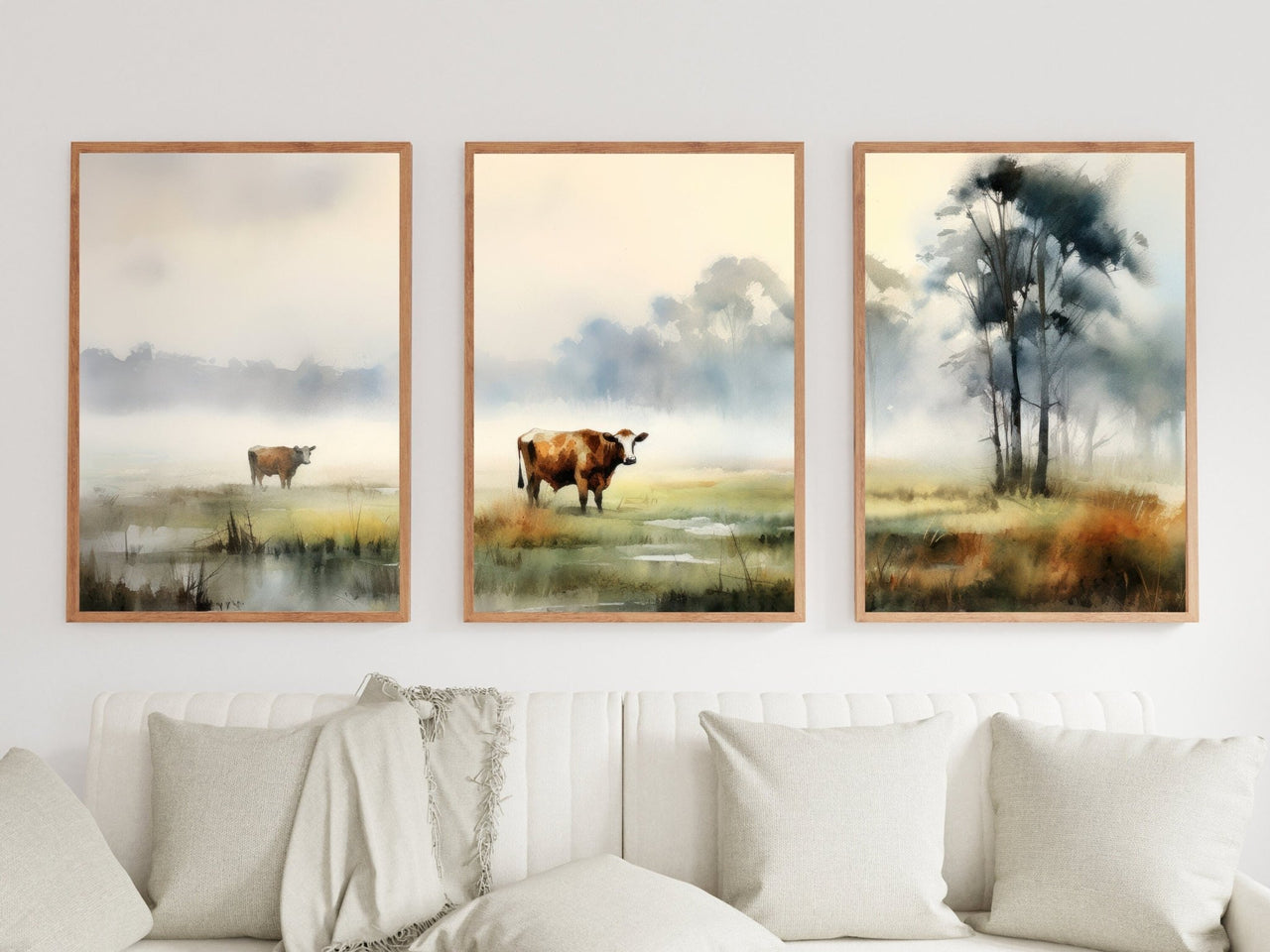 Cows Watercolor Wall Art – Animal Living Room Print • Set of 3