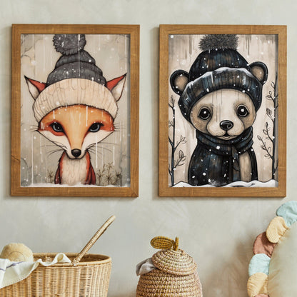 Cozy Woodland Animal Wall Art, Vintage Nursery Decor, Fox and Bear - WildfieldPrints