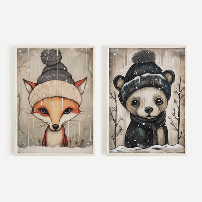 Cozy Woodland Animal Wall Art, Vintage Nursery Decor, Fox and Bear - WildfieldPrints