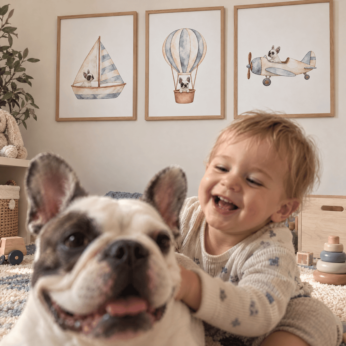 Custom Nursery Prints with Your Dog — Sailboat, Hot Air Balloon and Airplane, Set of 3, Beige