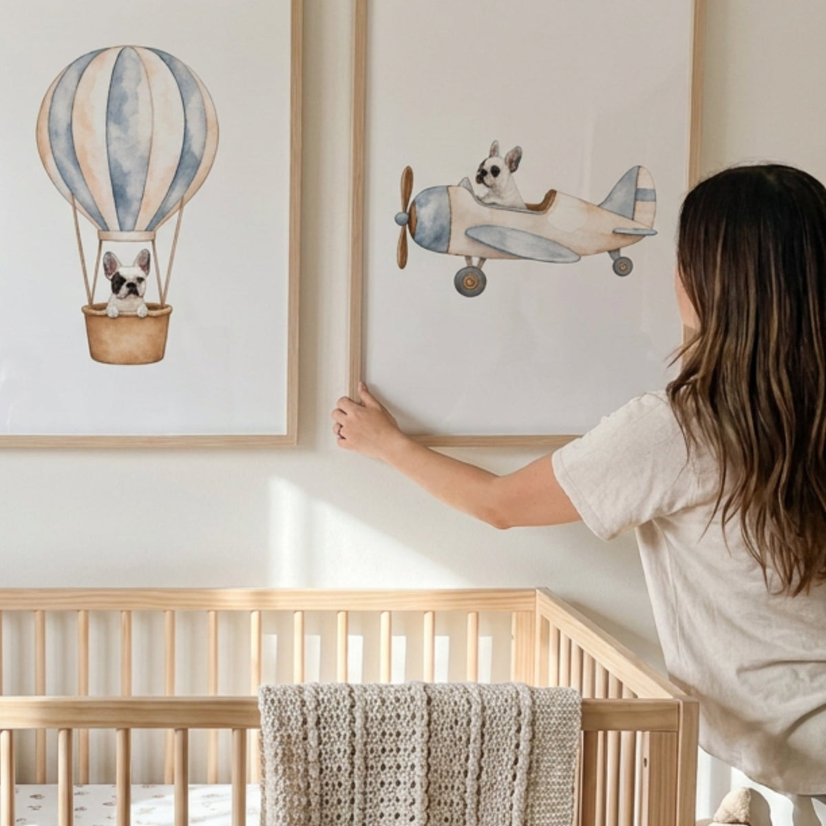 Custom Nursery Prints with Your Dog — Sailboat, Hot Air Balloon and Airplane, Set of 3, Beige