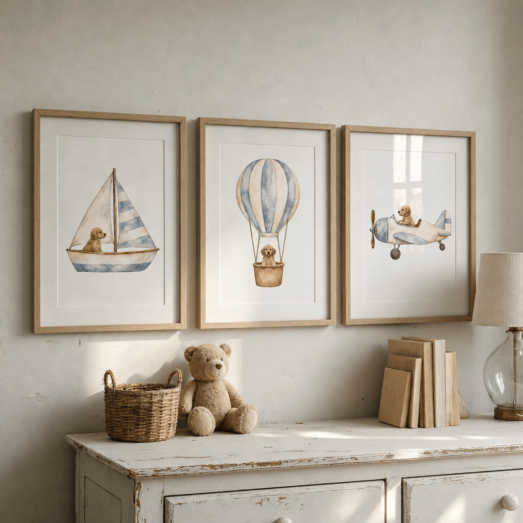Custom Nursery Prints with Your Dog — Sailboat, Hot Air Balloon and Airplane, Set of 3 (Copy)
