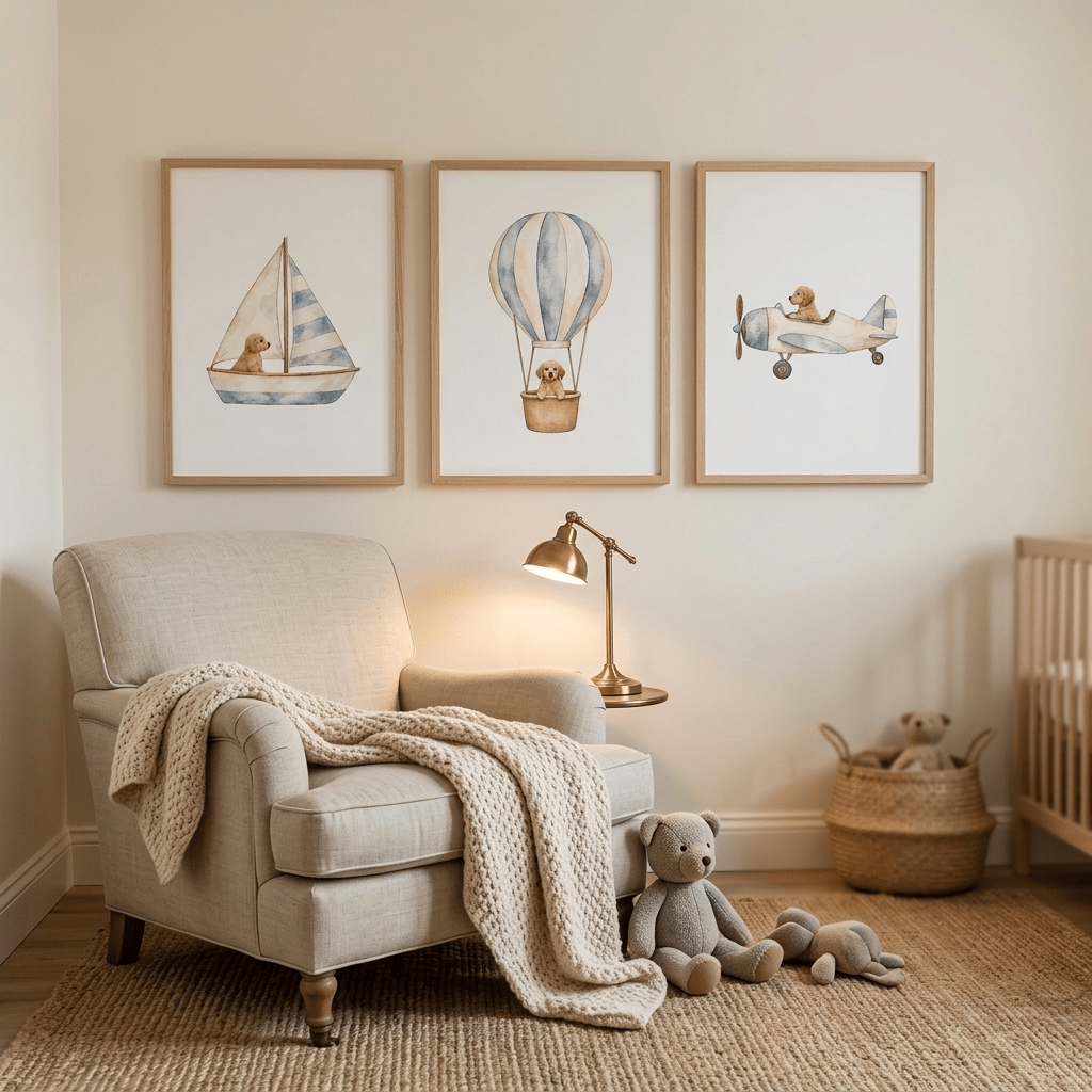 Custom Nursery Prints with Your Dog — Sailboat, Hot Air Balloon and Airplane, Set of 3 (Copy)