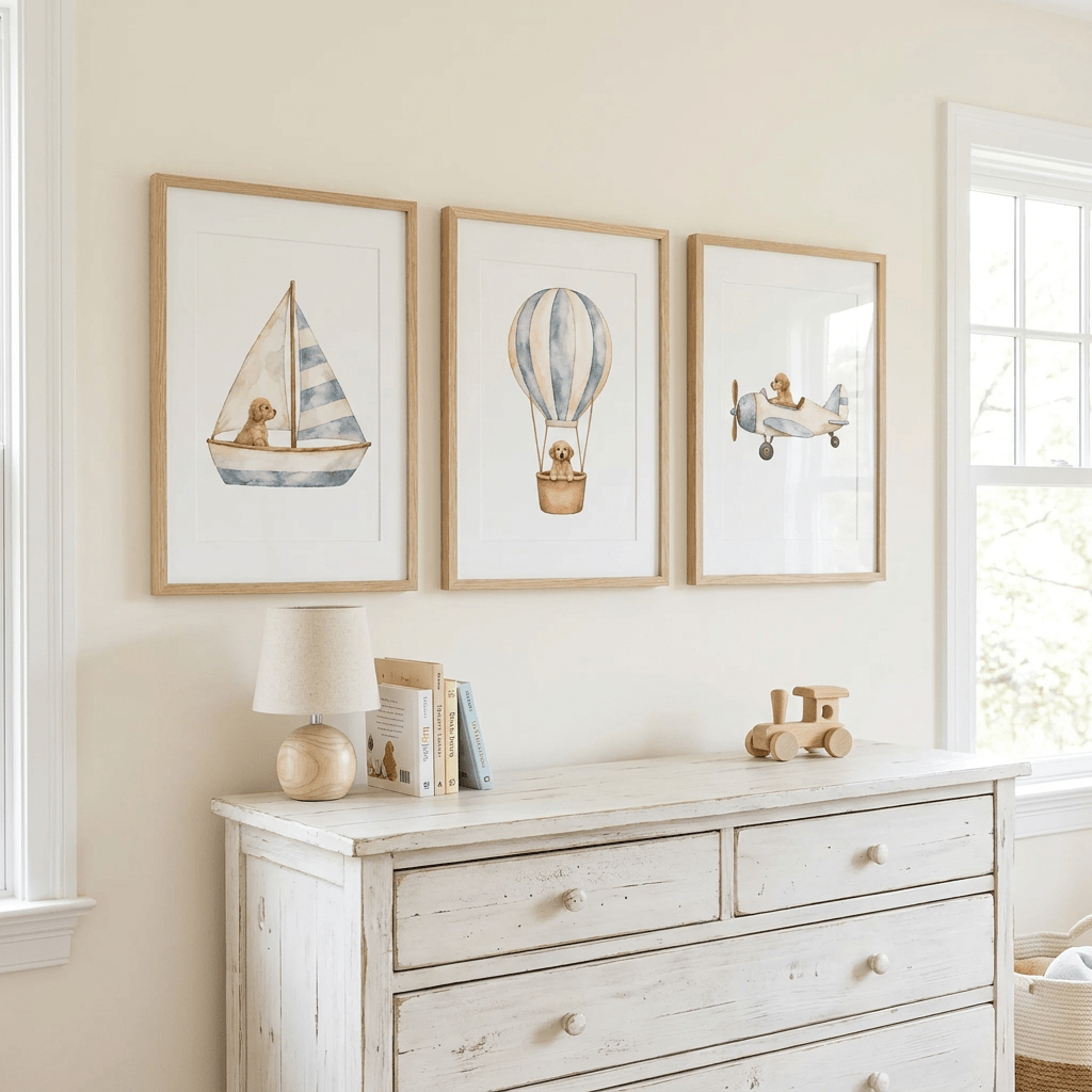 Custom Nursery Prints with Your Dog — Sailboat, Hot Air Balloon and Airplane, Set of 3 (Copy)