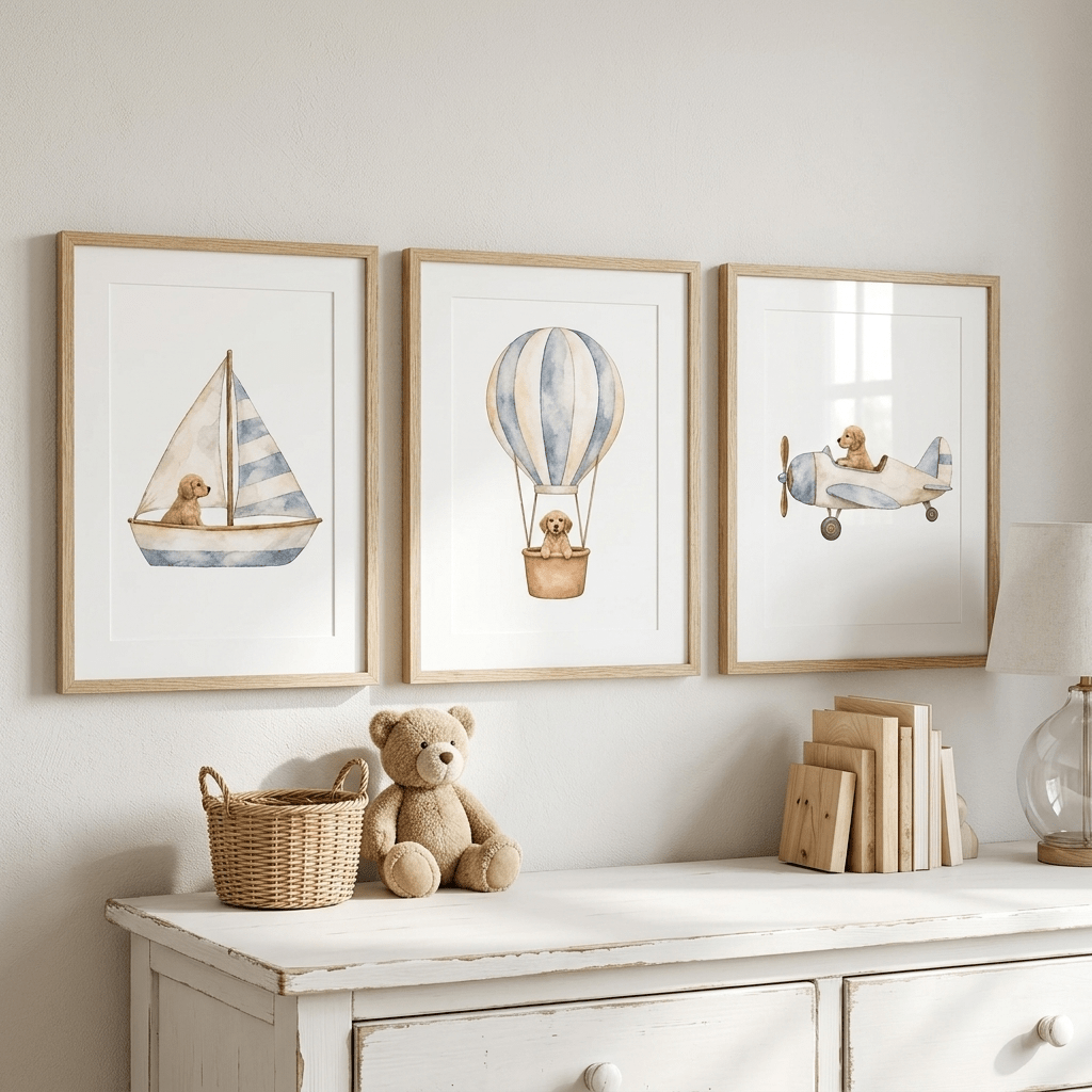 Custom Nursery Prints with Your Dog — Sailboat, Hot Air Balloon and Airplane, Set of 3 (Copy)