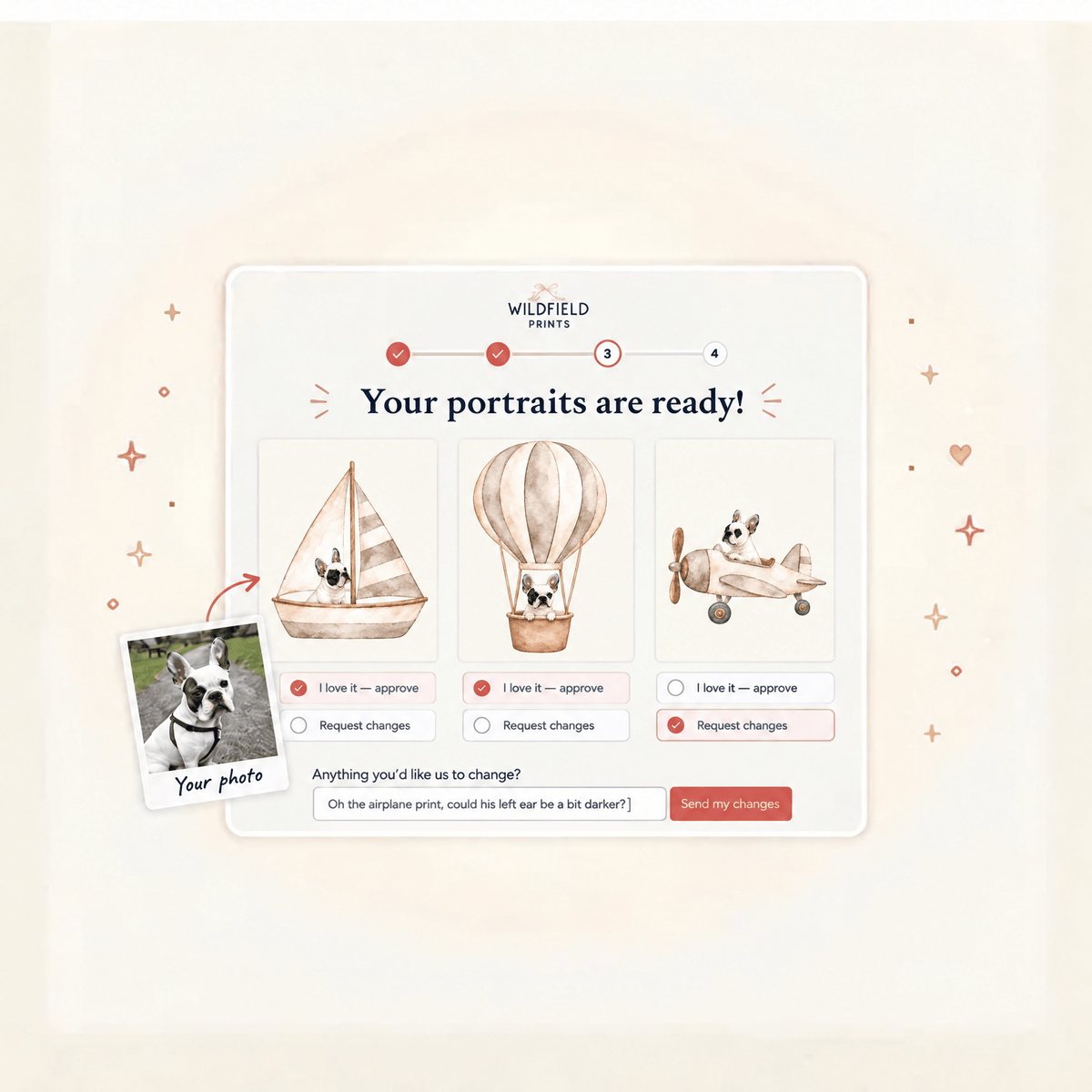 Custom Nursery Prints with Your Dog — Sailboat, Hot Air Balloon and Airplane, Set of 3, Taupe