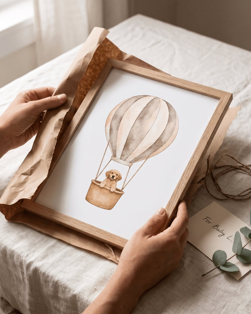 Custom Nursery Prints with Your Dog — Sailboat, Hot Air Balloon and Airplane, Set of 3, Taupe