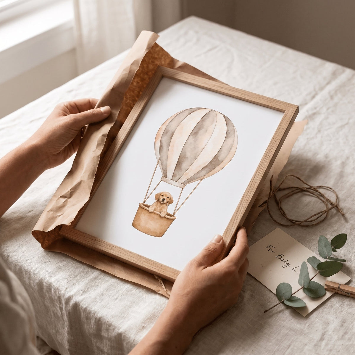 Custom Nursery Prints with Your Dog — Sailboat, Hot Air Balloon and Airplane, Set of 3, Taupe