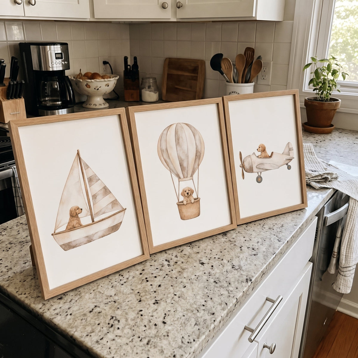 Custom Nursery Prints with Your Dog — Sailboat, Hot Air Balloon and Airplane, Set of 3, Taupe