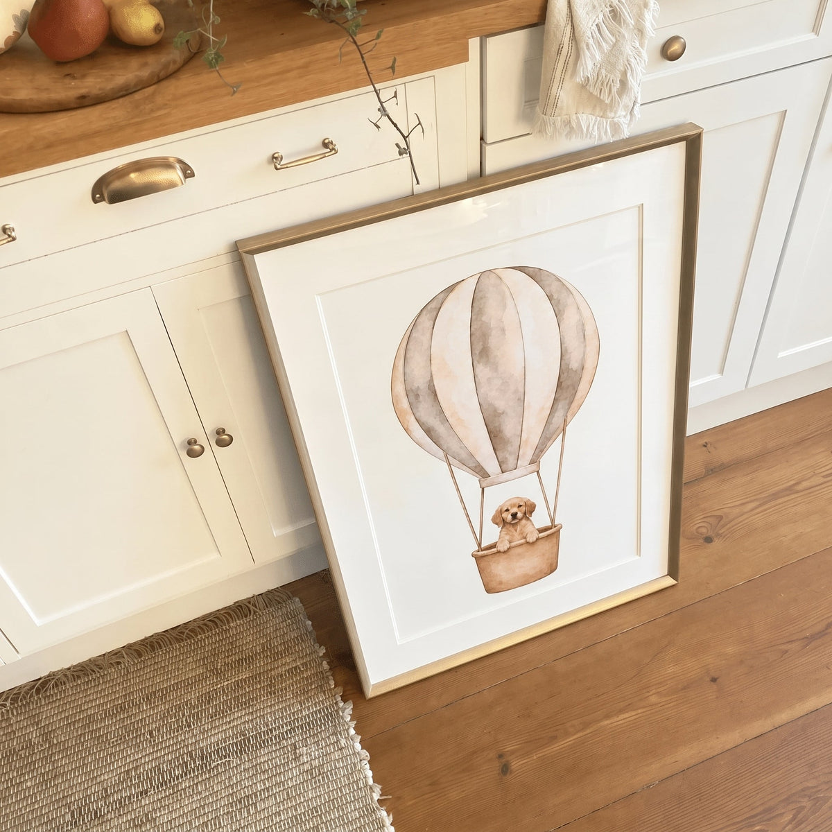 Custom Nursery Prints with Your Dog — Sailboat, Hot Air Balloon and Airplane, Set of 3, Taupe