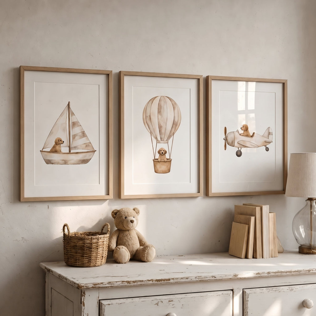 Custom Nursery Prints with Your Dog — Sailboat, Hot Air Balloon and Airplane, Set of 3, Taupe