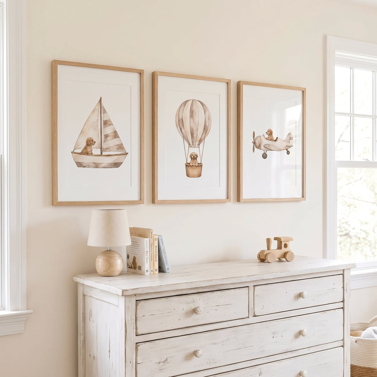 Custom Nursery Prints with Your Dog — Sailboat, Hot Air Balloon and Airplane, Set of 3, Taupe