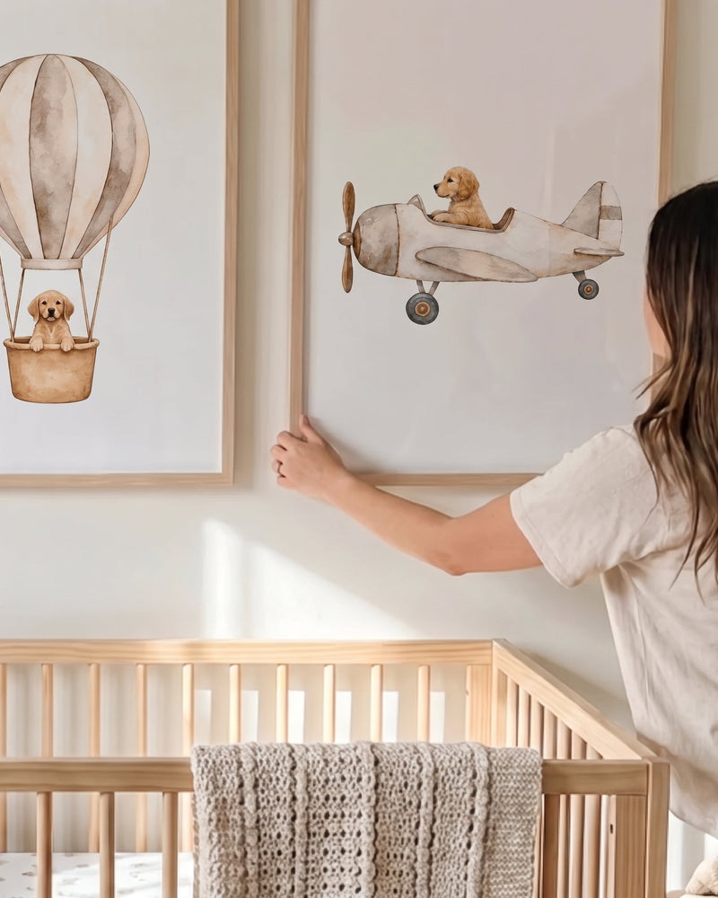 Custom Nursery Prints with Your Dog — Sailboat, Hot Air Balloon and Airplane, Set of 3, Taupe