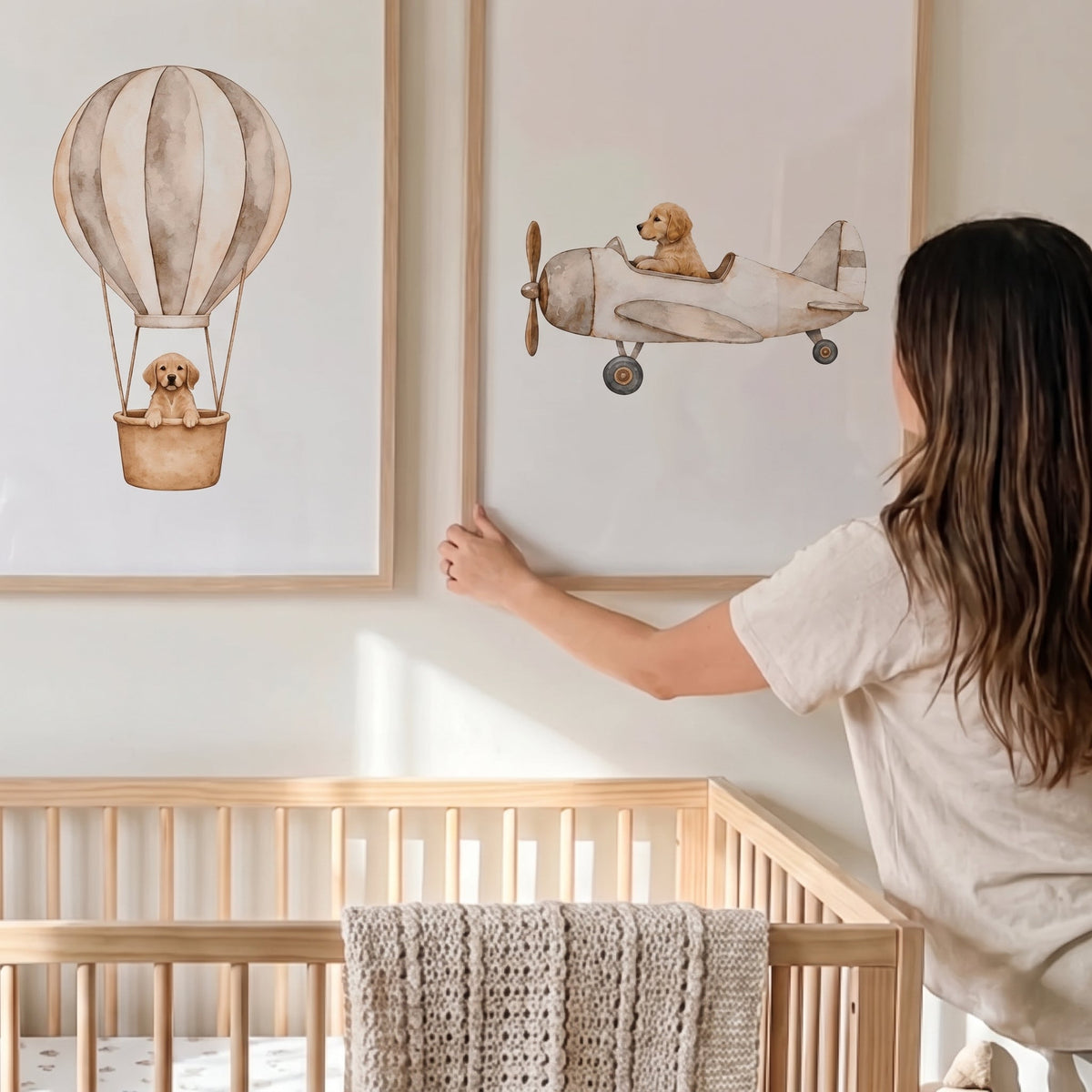 Custom Nursery Prints with Your Dog — Sailboat, Hot Air Balloon and Airplane, Set of 3, Taupe