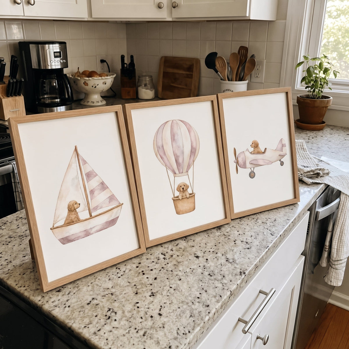 Custom Nursery Prints with Your Dog — Sailboat, Hot Air Balloon and Airplane, Set of 3, Vintage Pink