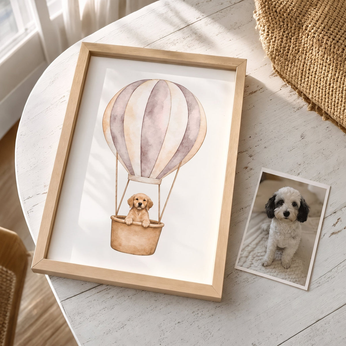 Custom Nursery Prints with Your Dog — Sailboat, Hot Air Balloon and Airplane, Set of 3, Vintage Pink