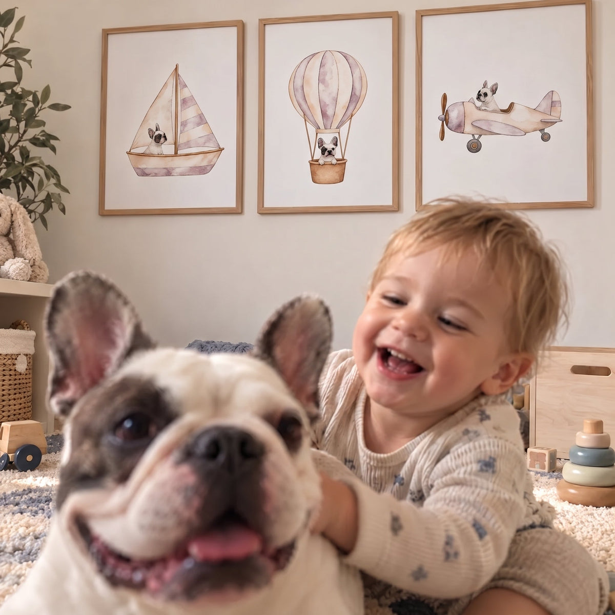 Custom Nursery Prints with Your Dog — Sailboat, Hot Air Balloon and Airplane, Set of 3, Vintage Pink