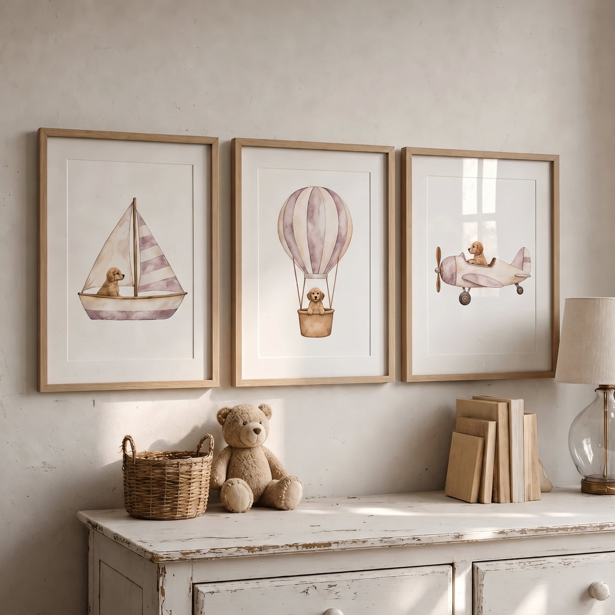 Custom Nursery Prints with Your Dog — Sailboat, Hot Air Balloon and Airplane, Set of 3, Vintage Pink