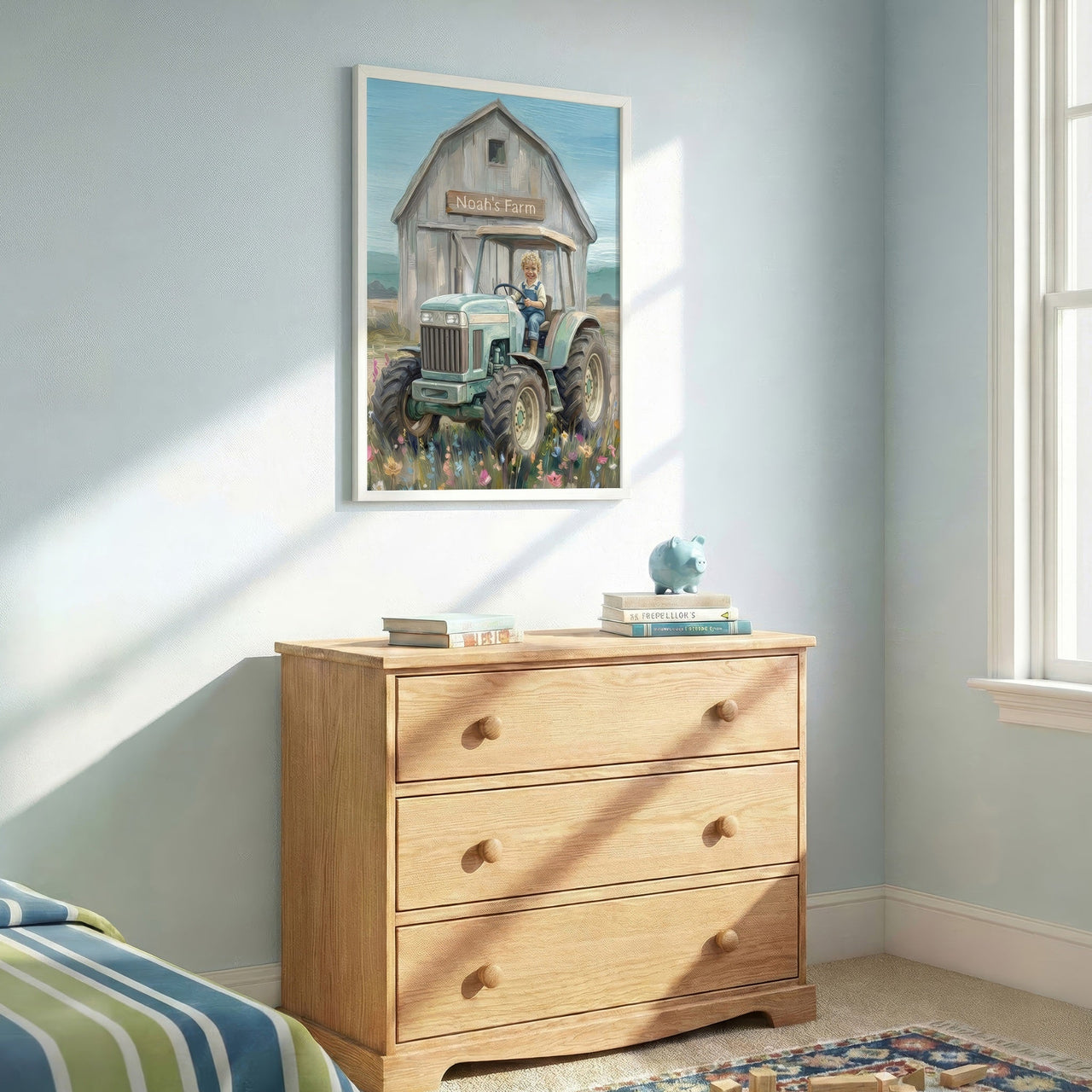 Custom Tractor on a Farm Print — Farm Themed Kids Room Wall Decor