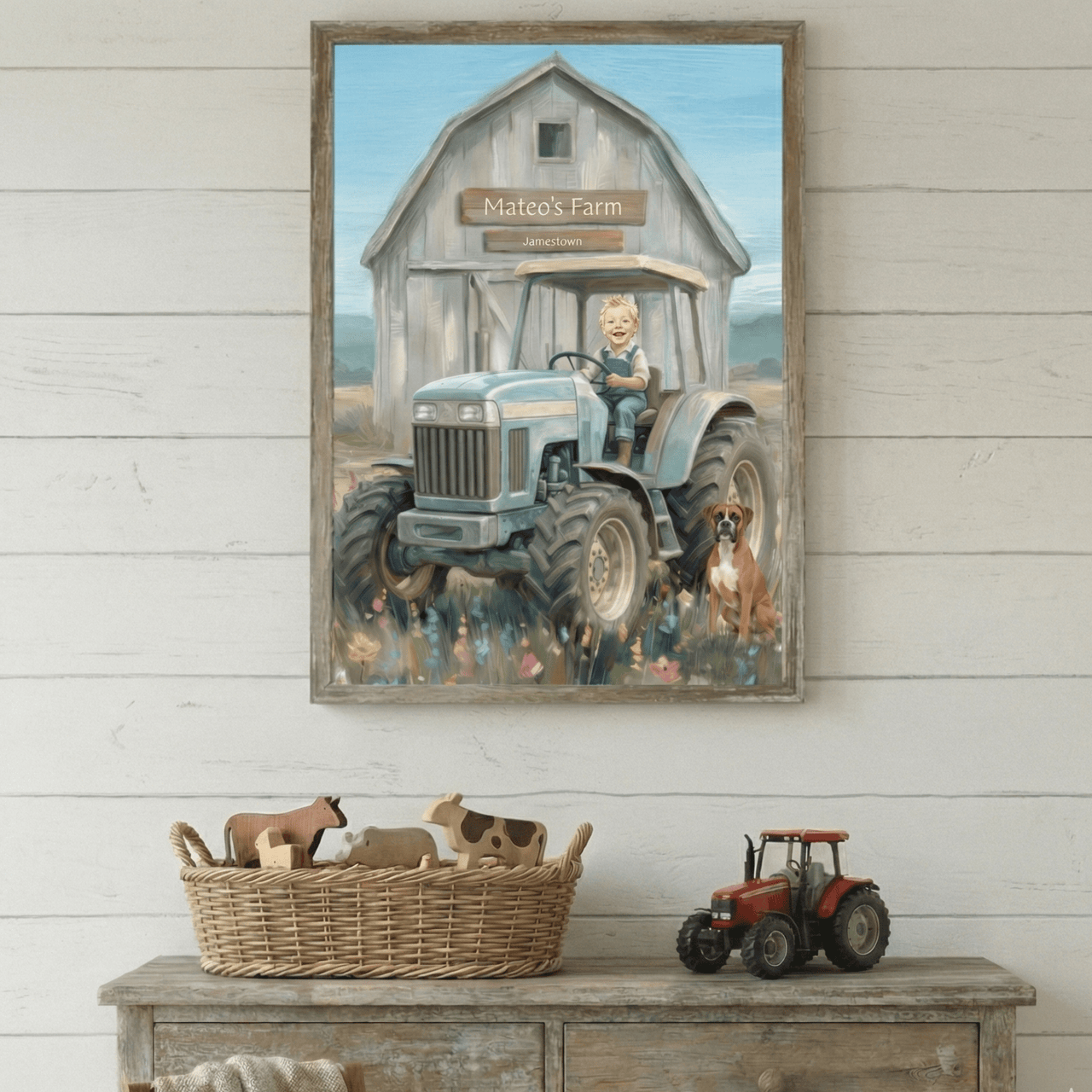 Custom Tractor on a Farm Print — Farm Themed Kids Room Wall Decor