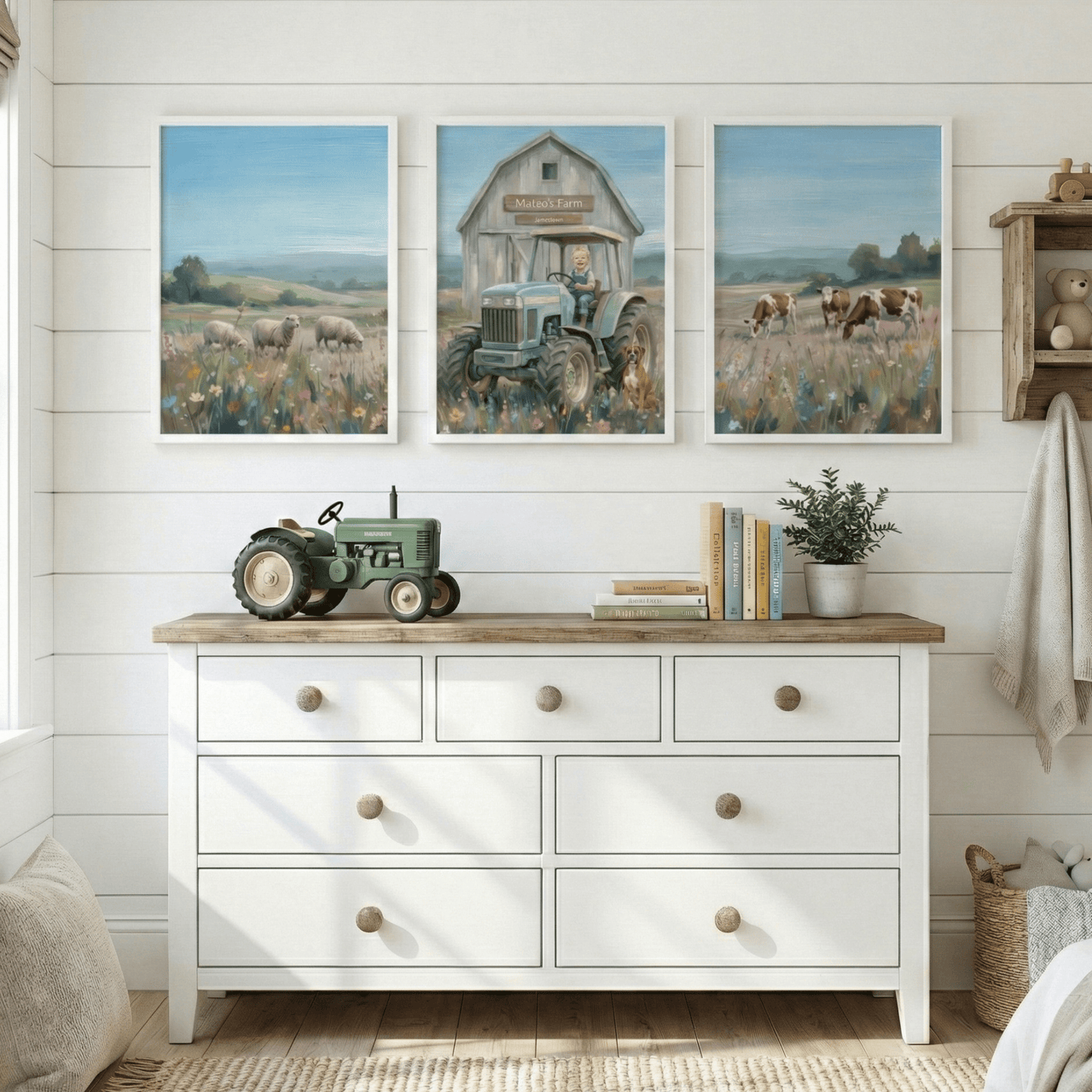 Custom Tractor on a Farm Print for Kids — Farm Themed Boys Room Wall Decor — Set of 3