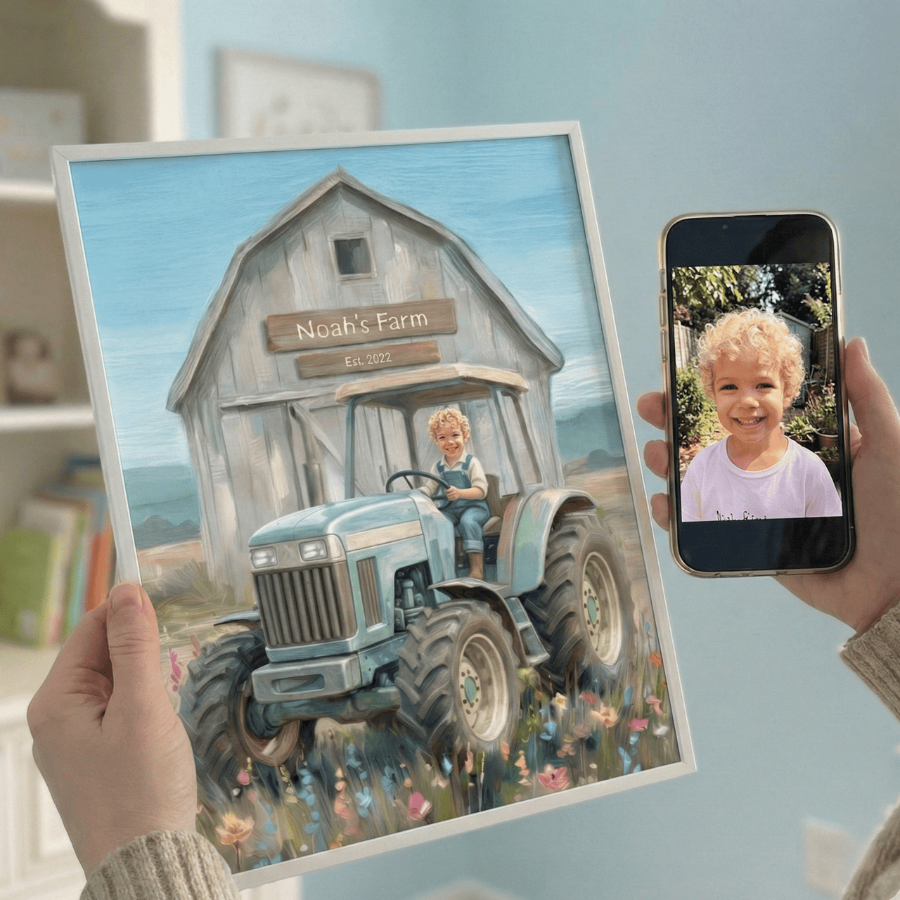 Custom Tractor on a Farm Print for Kids — Farm Themed Boys Room Wall Decor — Set of 3
