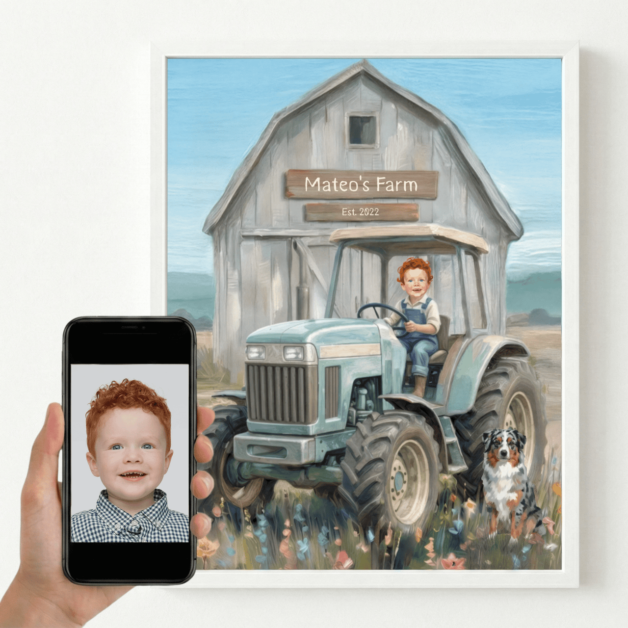 Custom Tractor on a Farm Print for Kids — Farm Themed Boys Room Wall Decor — Set of 3