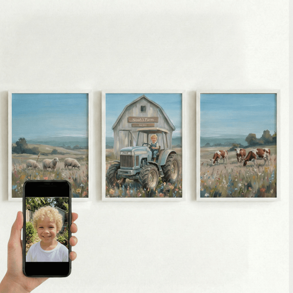 Custom Tractor on a Farm Print for Kids — Farm Themed Boys Room Wall Decor — Set of 3