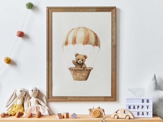 Cute Bear Nursery Prints, Bear in Parachute, Hot Air Balloon Decor - WildfieldPrints