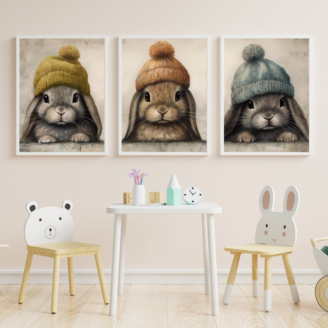Cute Bunny Nursery Decor, Vintage Baby Animals Wall Art, Forest Theme - WildfieldPrints