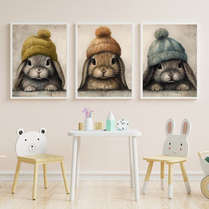 Cute Bunny Nursery Decor, Vintage Baby Animals Wall Art, Forest Theme - WildfieldPrints