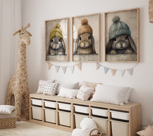 Cute Bunny Nursery Decor, Vintage Baby Animals Wall Art, Forest Theme - WildfieldPrints
