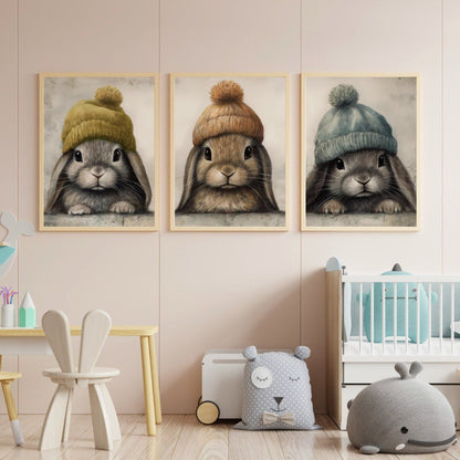 Cute Bunny Nursery Decor, Vintage Baby Animals Wall Art, Forest Theme - WildfieldPrints