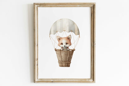 Cute Fox Nursery Art, Bear Balloon Decor, Hot Air Balloon Print - WildfieldPrints