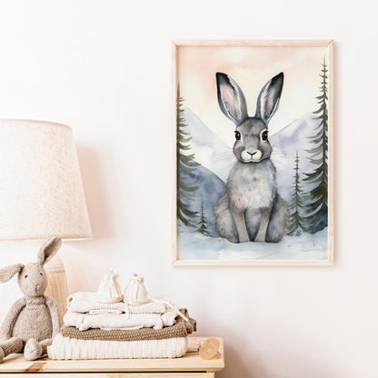 Cute Hare in Winter Forest, Vintage Watercolor Wall Art, Nursery Decor - WildfieldPrints