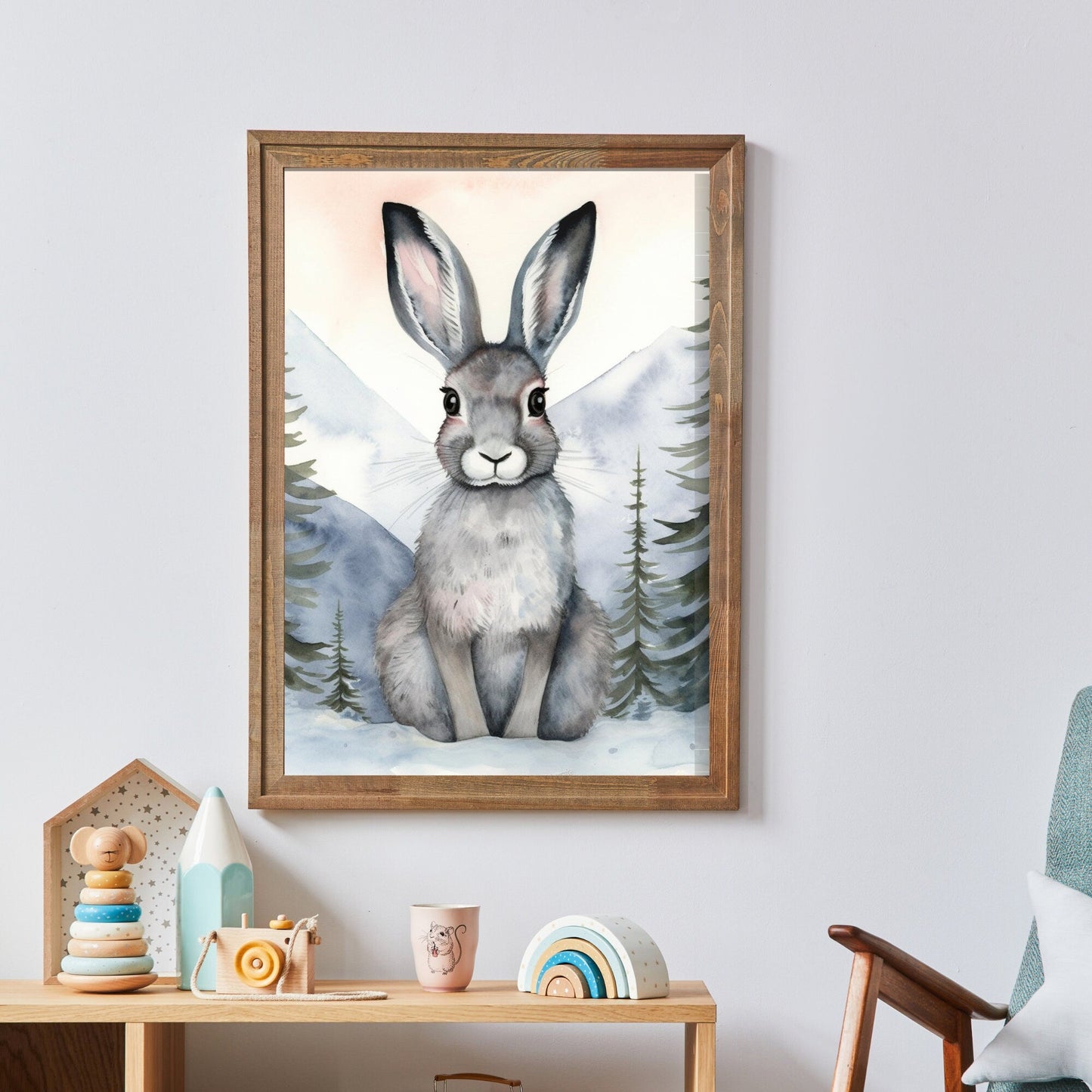 Cute Hare in Winter Forest, Vintage Watercolor Wall Art, Nursery Decor - WildfieldPrints