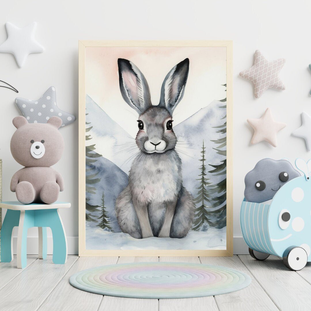 Cute Hare in Winter Forest, Vintage Watercolor Wall Art, Nursery Decor - WildfieldPrints