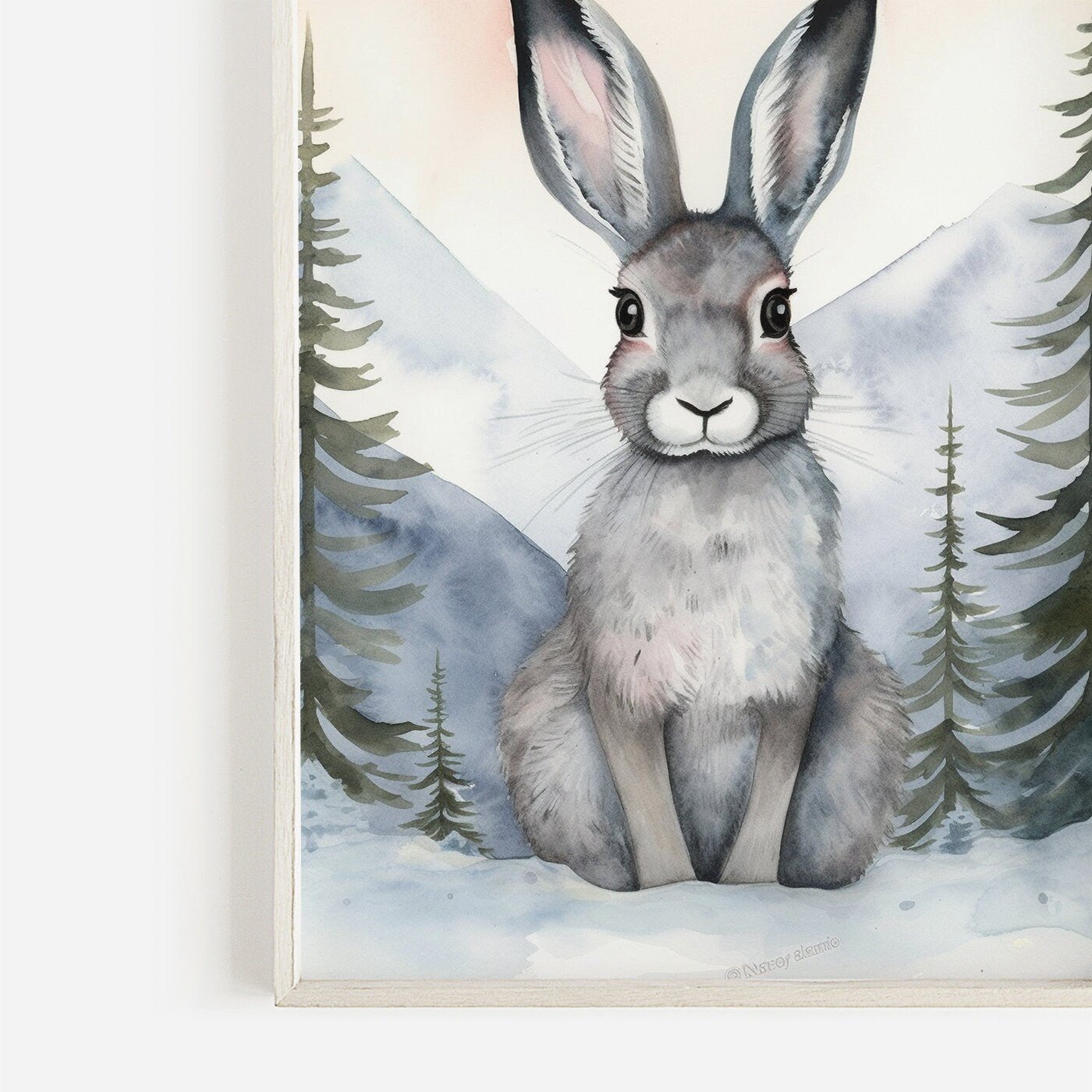 Cute Hare in Winter Forest, Vintage Watercolor Wall Art, Nursery Decor - WildfieldPrints