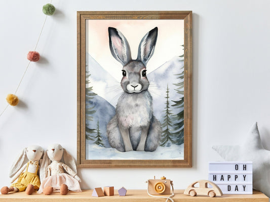 Cute Hare in Winter Forest, Vintage Watercolor Wall Art, Nursery Decor - WildfieldPrints