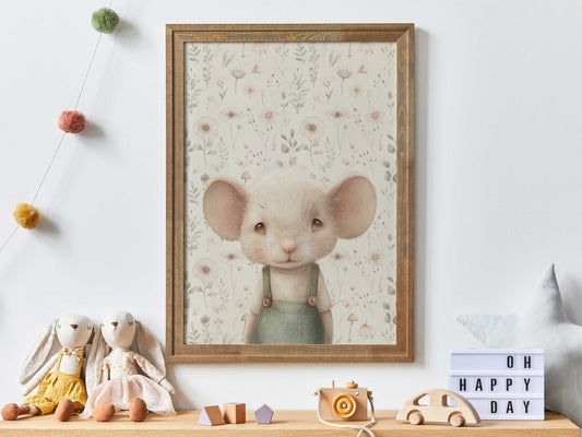 Cute Mouse Nursery Print, Whimsical Animal Decor, Vintage Girls Room Art - WildfieldPrints